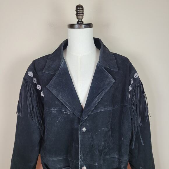 Irvine Park Coat Men Large Black Suede Western Fringe Cowboy Rodeo Southwestern - Picture 2 of 10